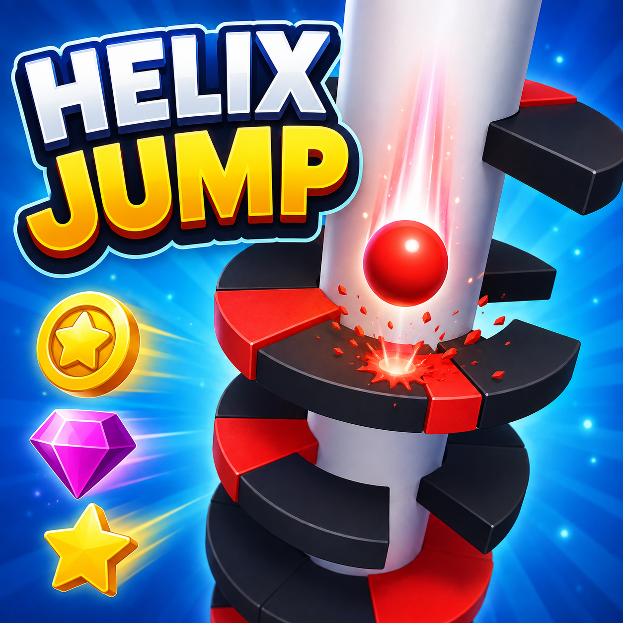 Helix Jump game with bouncing ball descending through a spiral tower