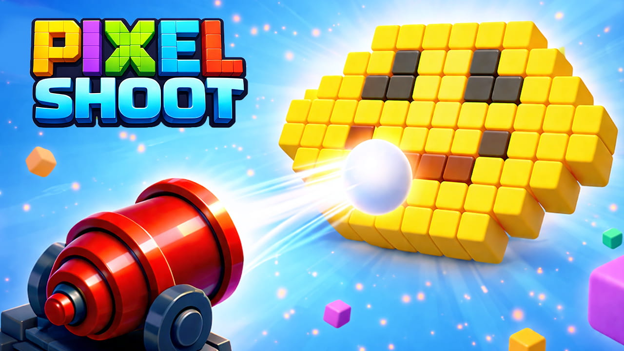 Pixel Shoot arcade puzzle with colorful cannons and a conveyor belt