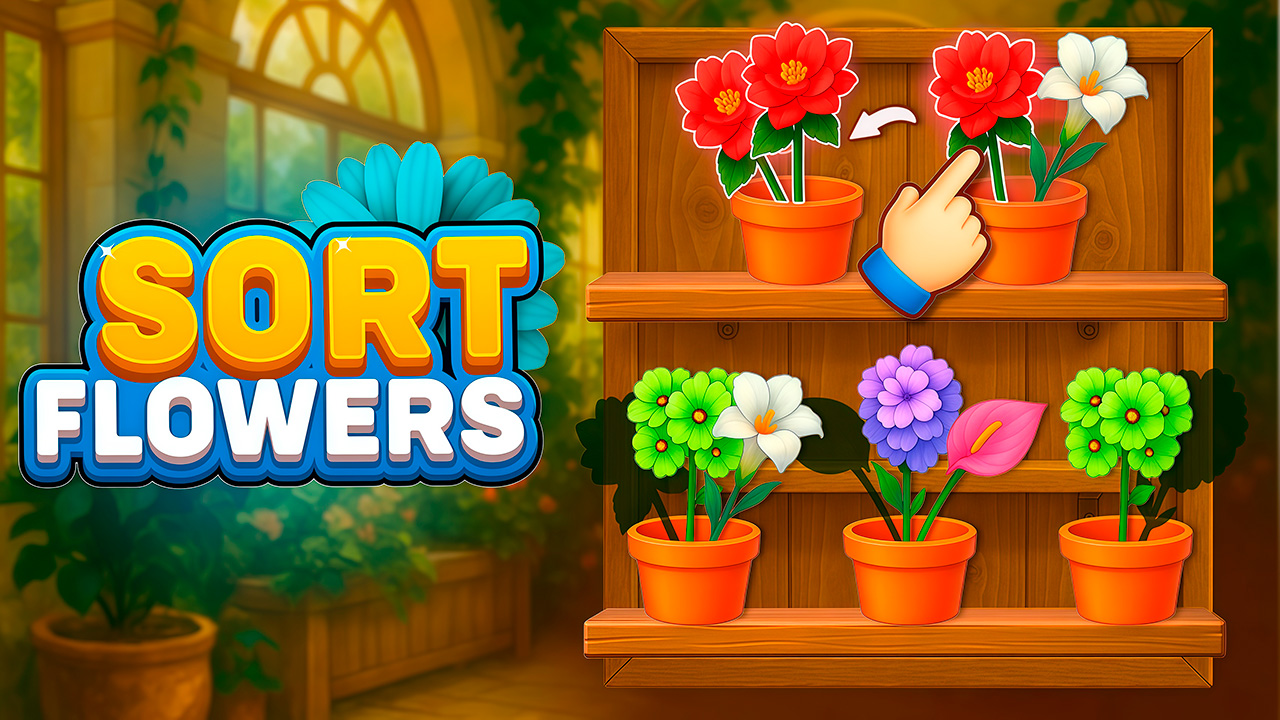Sort Flowers puzzle with colorful flowers arranged in vases