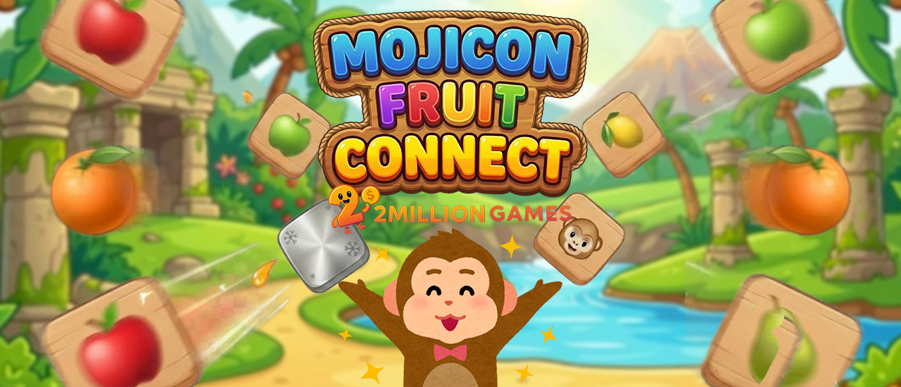 Mojicon Fruit Connect puzzle with colorful fruit characters