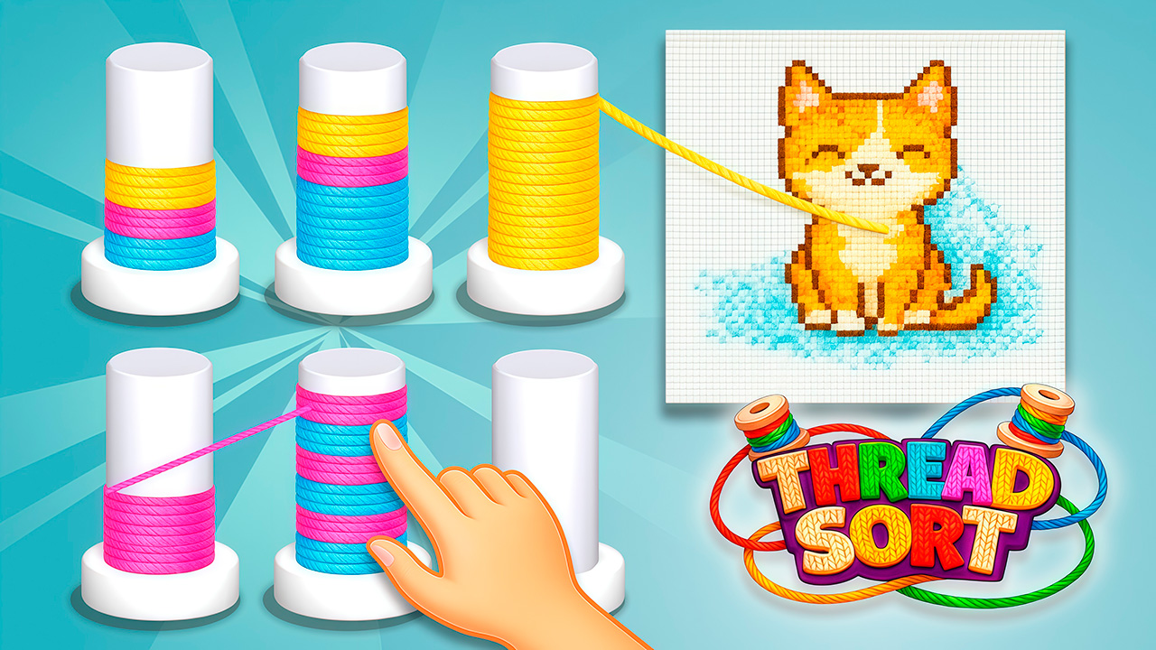 Thread Sort puzzle with colorful spools of thread