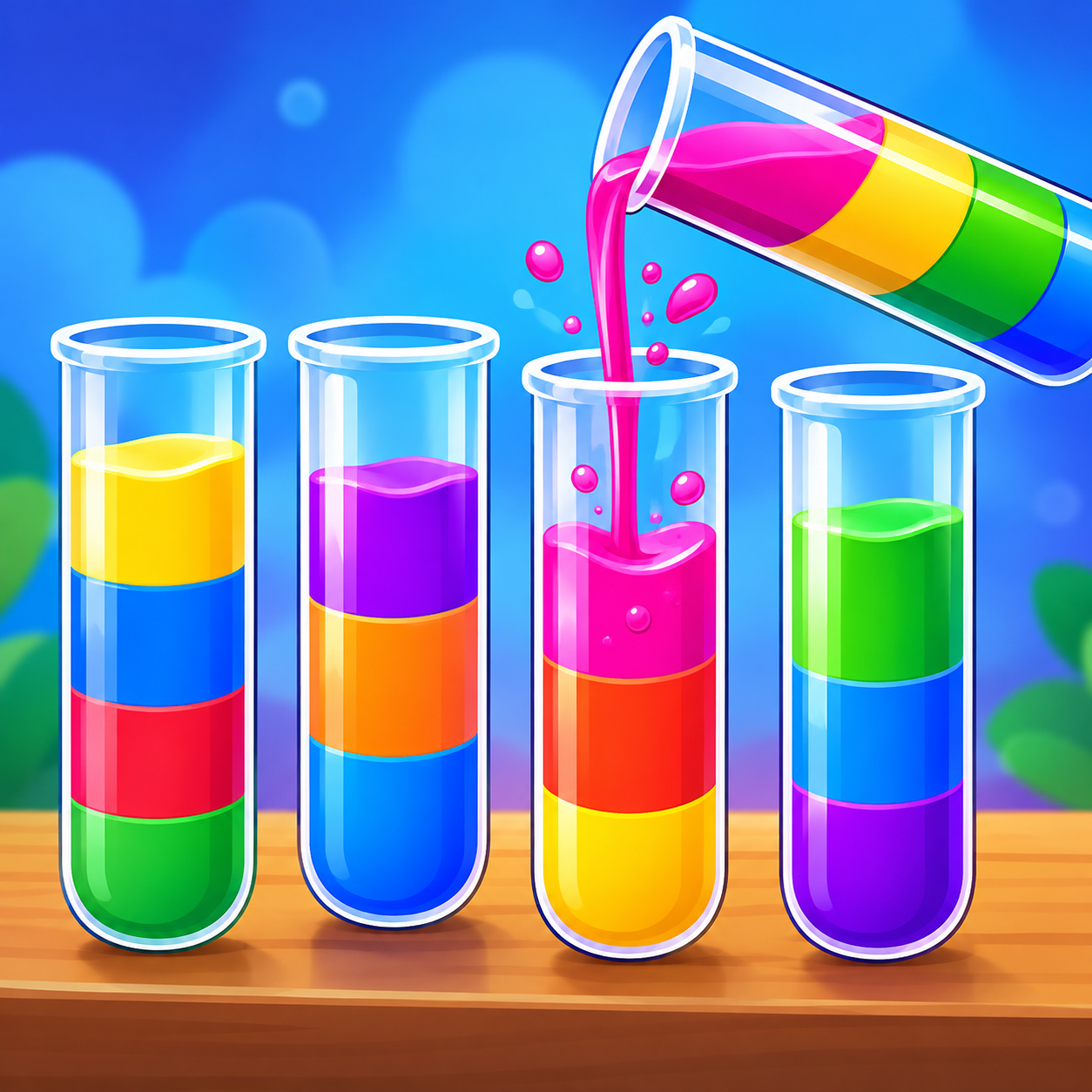 Water Sort Puzzle game with colorful liquids being sorted into matching tubes