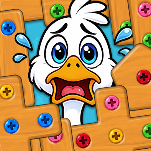 Goose Rescue Screw Sort game with colored screws and wooden puzzle pieces